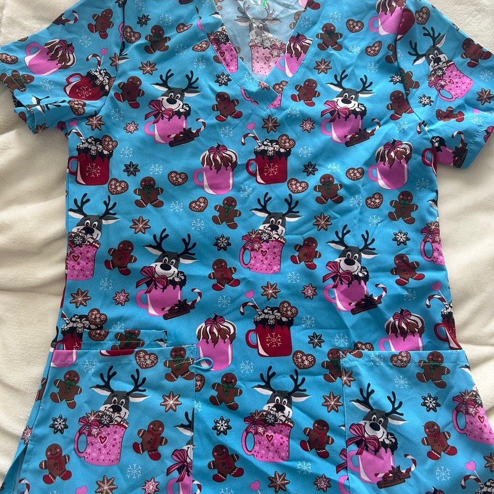 Blue Scrub Top with Holiday Print